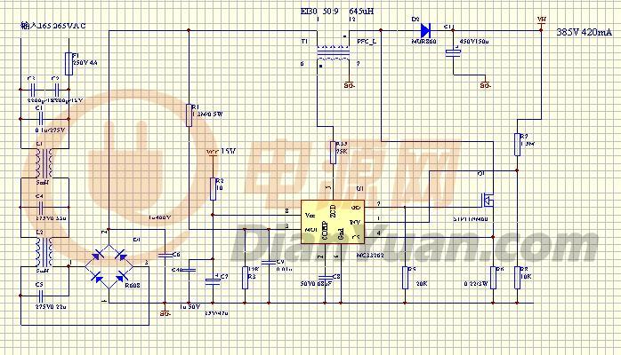 电路如上图,输入165-265vac,385v450ma,mc33262,pfc电感使用ei