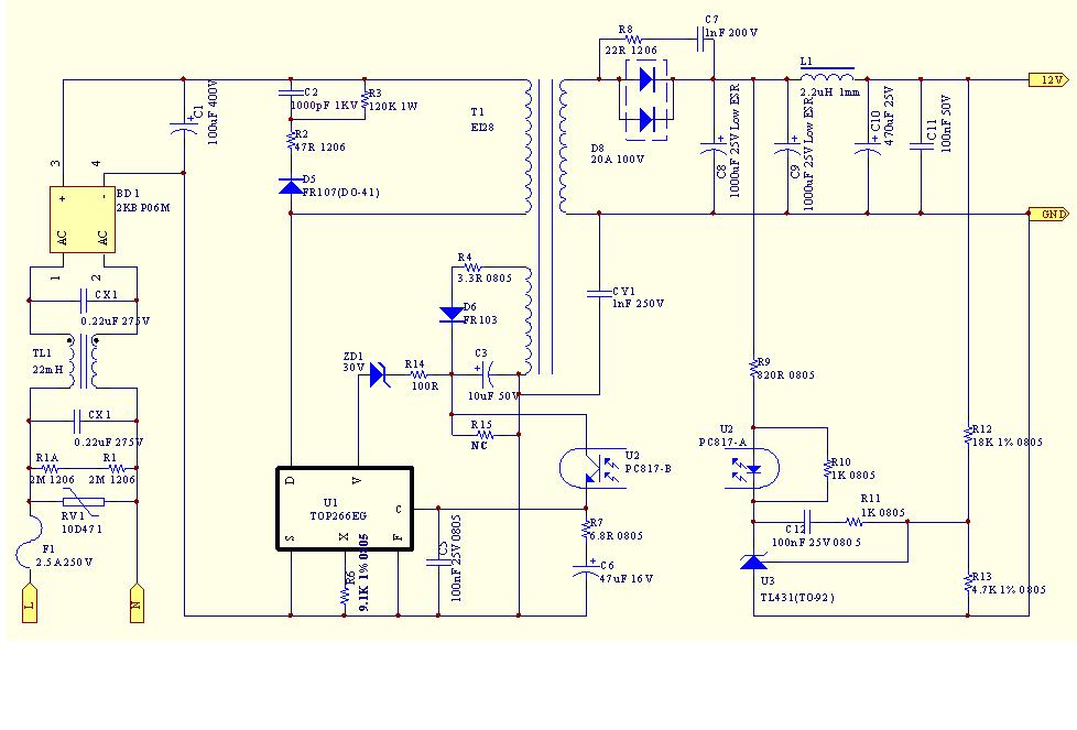 第一次做开关电源,选用top266eg,输出12v5a,用pi软件设计的变压器