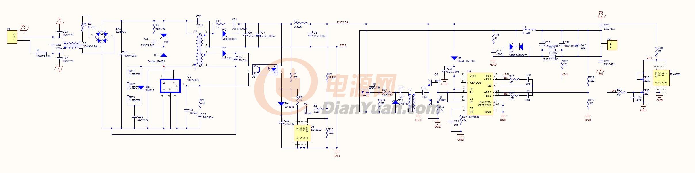 top245y 反激前级(12v2.5a buck恒流后级(7.