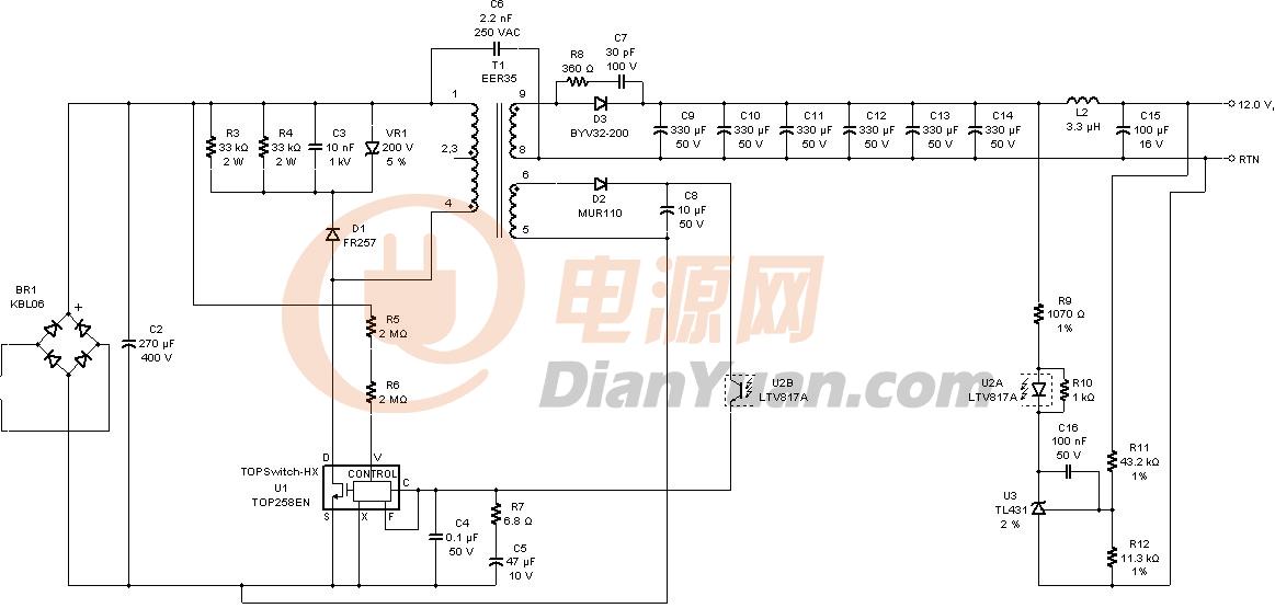 用top258yn做一个输出12v,8a的开关电源,刚做就遇到如