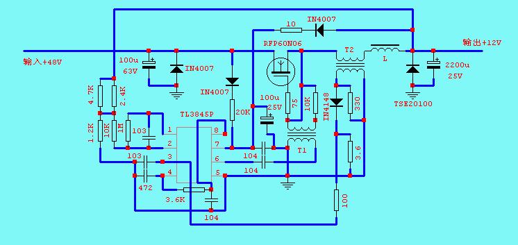 此电路是电动车48v转换12v的dc电源,实验在输入12—15v时,输出接35w